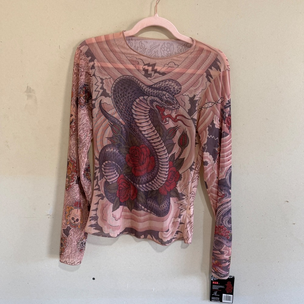Miami Ink Tattoo Mesh Top Long Sleeve Cobra Devil Graphic NWT